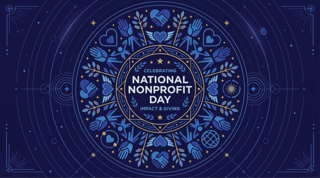 National Nonprofit Day banner with circular mandala pattern, charity and giving icons in blue and gold, community impact vector illustration