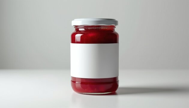 Glass jar filled with red berry jam sits on white surface. Container blank label for custom brand design. Clear lid protects sweet fruit preserve inside. Simple studio setup provides clean view of