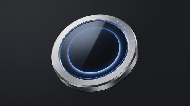 A sleek brushed metal smart home control hub with a polished black glass surface and a glowing blue LED ring