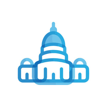 Stylized blue illustration icon of a capitol building representing government and democracy with clean lines