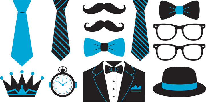 Men's accessories icon collection, flat vector illustration featuring bow tie, cravat, crown, necktie, formal fashion, and gentleman regalia isolated on white background for luxury branding 