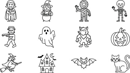 Fototapeta premium Halloween Character and Monster Line Icon Set Featuring Cute Vampire, Witch, Ghost, Haunted House, Pumpkin, and Spooky Outline Vector Illustrations
