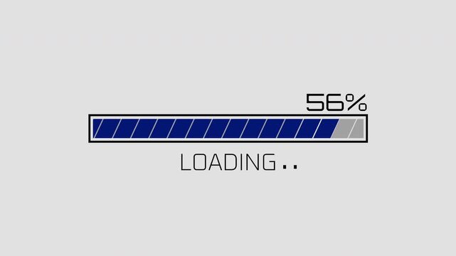 4K Blue loading progress bar animation with percentage counter showing data processing on gray background