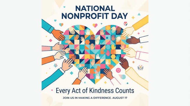 National Nonprofit Day banner with geometric heart and diverse hands, charity and kindness concept vector, community support social media post