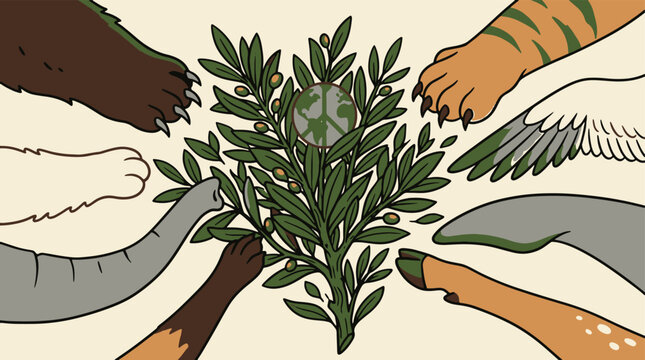 Animal paws gather around olive tree earth for global peace and unity concept.