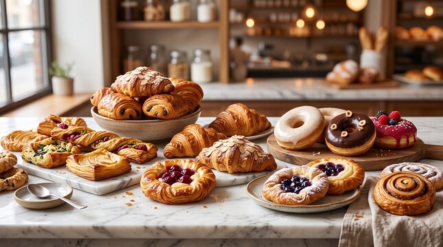 Concept of bakery freshness golden croissants, sweet donuts, fruit danishes, beautifully displayed on marble counter, perfect for breakfast or a treat