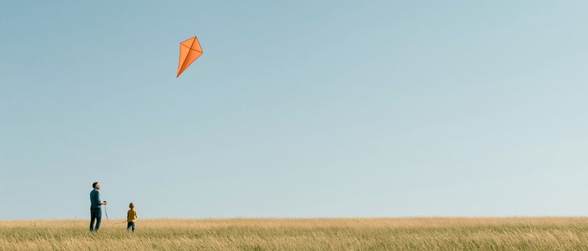 Father and child flying kite outdoors
