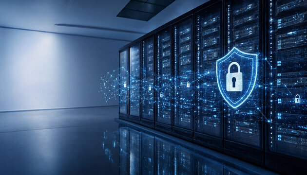 Cybersecurity digital shield protection over server rack in data center with security cybersecurity protection technology internet infrastructure information encryption computing