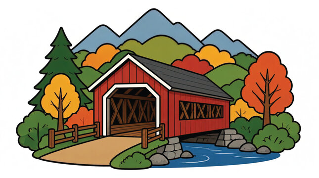 Whimsical Autumn Landscape with Covered Bridge and Rustic Fence