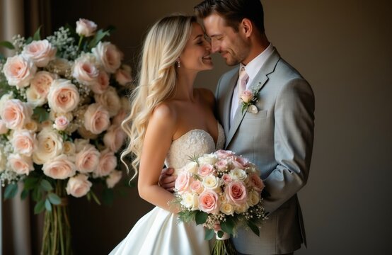 Beautiful bride in white dress, groom in grey suit stand close together. Newlyweds embrace holding pink flower bouquet during wedding day celebration. Happy couple shares romantic moment indoors near