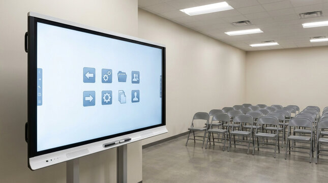 Interactive whiteboard with icons on screen in empty conference room with rows of metal chairs and fluorescent ceiling lights