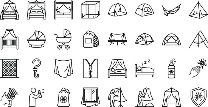 Mosquito protection and bed netting icon set with mosquito protection sleeping