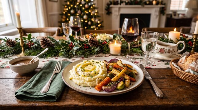 Festive Christmas dinner table setting with delicious mashed potatoes roasted vegetables wine and cozy holiday decor