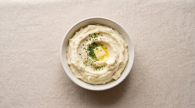 Creamy Mashed Potatoes in a White Bowl Topped with Melted Butter and Fresh Herbs