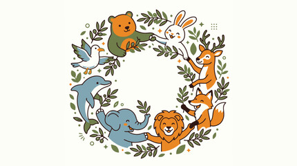 Fototapeta premium Cute cartoon animals holding hands in circle forming floral nature wreath illustration.