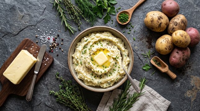 Homemade Creamy Mashed Potatoes with Melting Butter and Fresh Herbs on Dark Stone Background