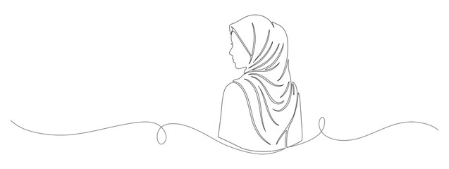 line art of a beautiful woman wearing a hijab facing backwards with her face turned to the left