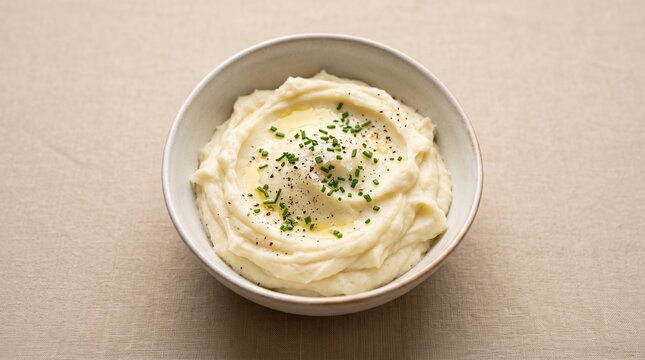 Homemade creamy mashed potatoes with melted butter and fresh chives served in a bowl on a linen table