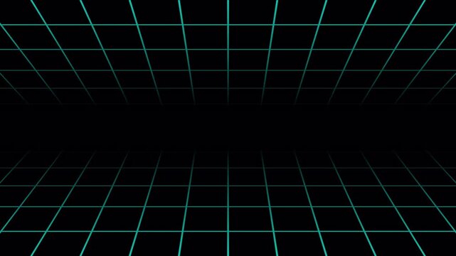 4K Retro Futuristic Cyan Neon Grid Scrolling through Dark Digital Landscape with 80s Synthwave Mood