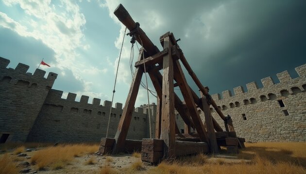 Wooden catapult stands by ancient stone castle walls under a dramatic cloudy sky. Historical reenactment event shows medieval siege weapon construction and craftsmanship.