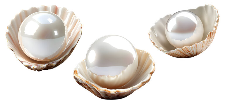 Set of three open seashells with large shiny white pearls isolated on a transparent background