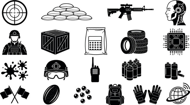 Black military and tactical paintball icon set featuring target rifle helmet gloves soldier and sandbags vector elements