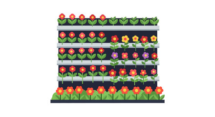 Naklejka premium Modern Vertical Garden Vector Illustration with Rows of Colorful Flowers and Plants on Tiered Shelves, Urban Gardening and Hydroponic Farming Concept
