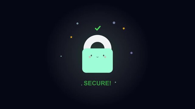 Animated secure padlock icon with checkmark for digital data protection