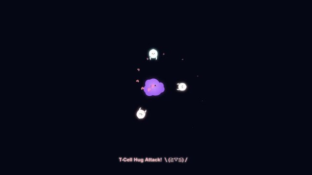 Cute animated illustration of T-cells attacking a virus in the body
