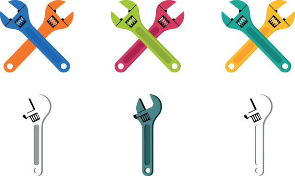 Adjustable Spanner Wrench Vector Icon Set Featuring Colorful Crossed Monkey Wrenches and Flat Mechanical Tools for Hardware Repair Plumbing and Technical Maintenance Services
