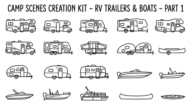 Collection of hand drawn doodle icons featuring various recreational vehicles campers and watercraft boats