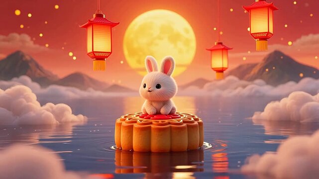 White rabbit on a giant mooncake