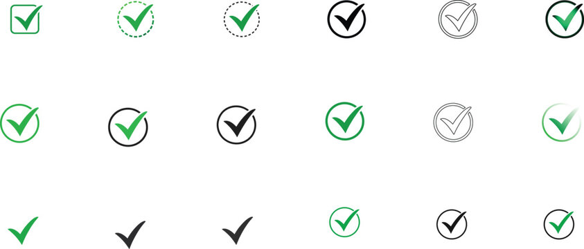 Green and black check mark icon set with circle borders vector. Right sign symbol collection for web and app interface validation, correct answer badge design element