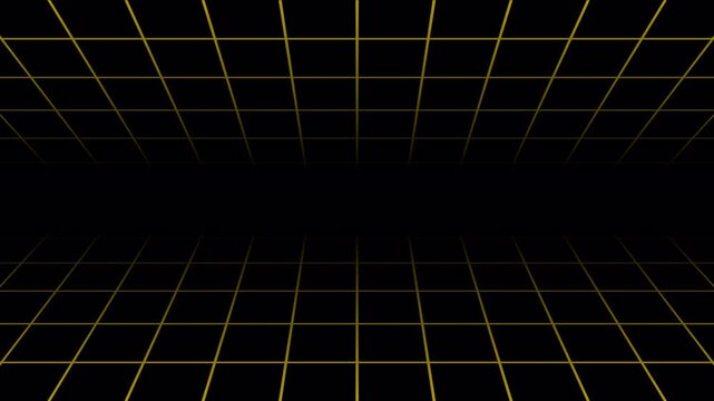 Retro gold wireframe grid scrolling through dark digital space with 80s synthwave aesthetic. 4K video