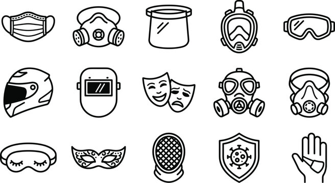 Personal Protective Equipment Line Icons Set with Masks, Respirators, Safety Goggles, Helmet, Face Shield and Protective Gear Vector Illustration