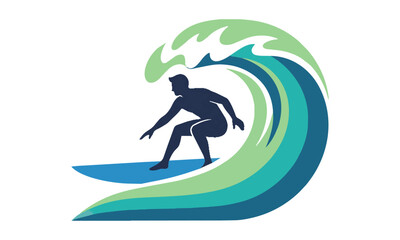 Naklejka premium Stylized silhouette of a surfer in an athletic crouch riding a bold blue wave isolated on white background. Active lifestyle concept