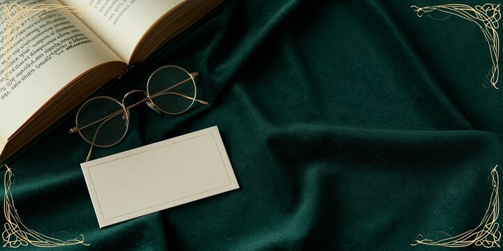 Open book with glasses and blank card