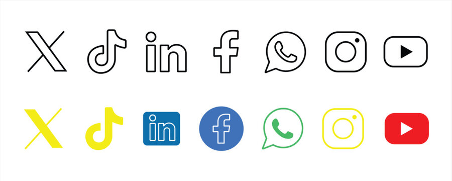 Set of popular social media platform logos including x tiktok linkedin facebook whatsapp instagram and youtube in outline and color