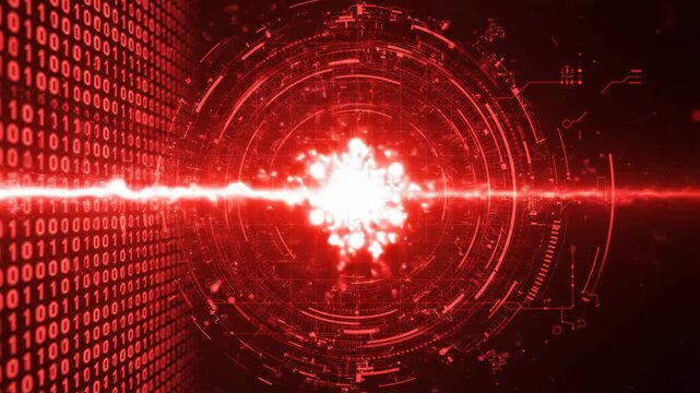 Abstract digital technology background with red binary code and circular interface