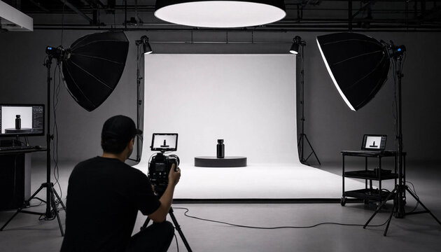Professional photographer shooting product photography in a bright studio with white backdrop photography photographer lighting professional equipment backdrop creative commercial
