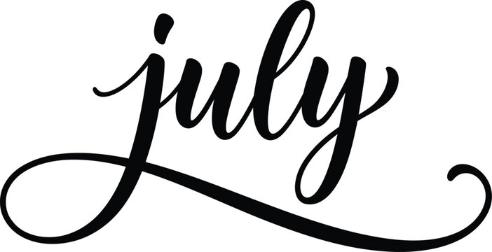 July Elegant Calligraphy Script Lettering with Decorative Swirl Black Typography Design on Transparent Background for Monthly Calendar Quote