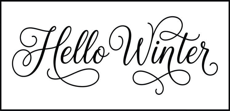 Hello Winter Elegant Calligraphy Script Lettering with Decorative Border Frame Black Typography Design on Transparent Background for Seasonal Quote