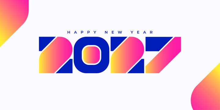 Modern Happy New Year 2027 typography design featuring vibrant gradient colors, geometric shapes, and a clean minimal style. Perfect for holiday greetings, social media banners, posters, and festive.