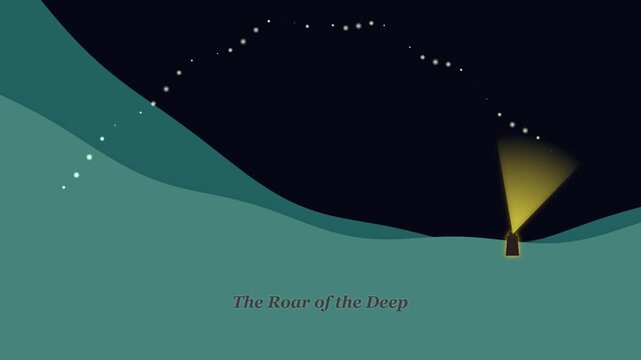 Minimalist lighthouse shining light over dark ocean waves at night