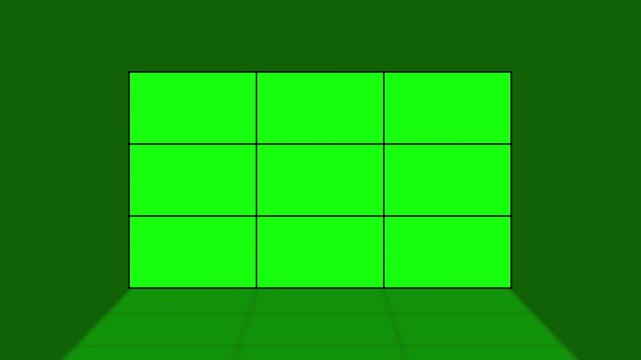 TV wall in television studio newsroom, screens switching from static noise to green, easy for chroma keying. Multi screen display with chroma key green screen, on black background