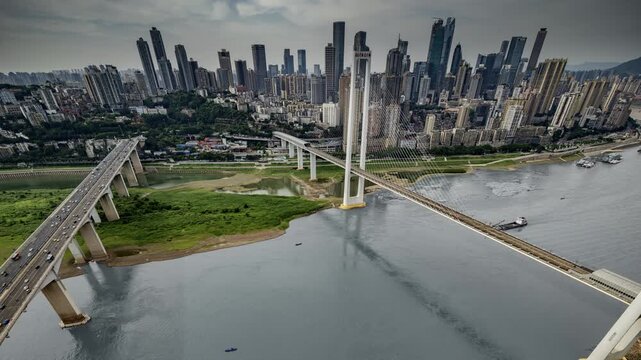 Chongqing cyberpunk city skyline and blue coloured river