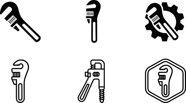 Adjustable Pipe Wrench Icon Set Featuring Plumber Monkey Wrenches in Solid Silhouette Line Art and Hexagonal Configuration Logo Badge Formats