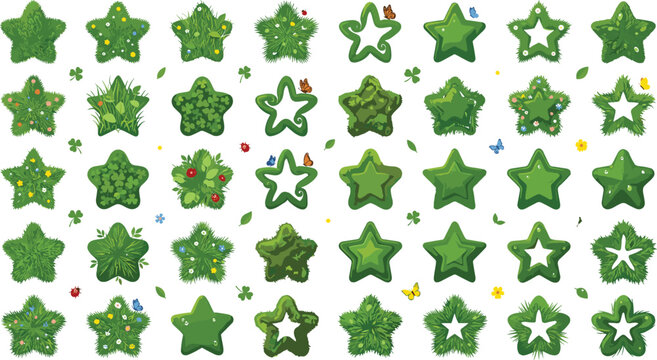 Green Eco Grass Star Shape Vector Icon Set with Spring Flowers, Butterflies, and Clover Foliage Textures for Nature-Themed Sustainable Branding Graphic Designs