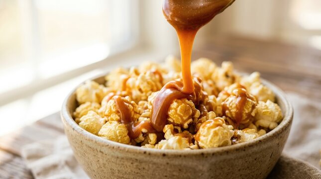 Delicious Caramel Drizzle Over Bowl of Freshly Popped Popcorn