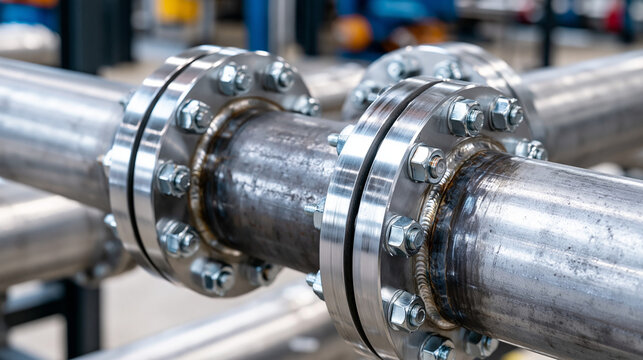 Close up of steel pipeline junction with precision welds and bolted flanges inside an energy facility, ultra photorealism, cinematic color correction, natural uneven lighting yet gentle backlight, s